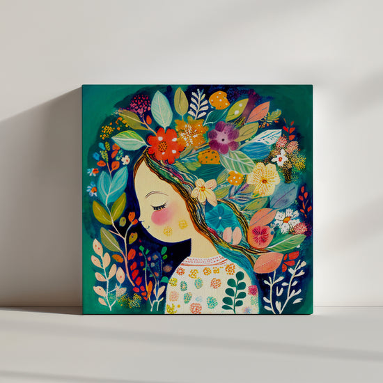 Nursery wall decor featuring a cute girl with flowers in her hair