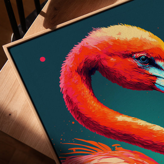 Pink flamingo pop art wall art for living room with golden oak frame