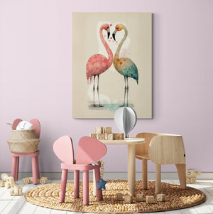 A painting of two flamingos adorns a playroom with natural wood furniture, featuring a butterfly-shaped chair and an elephant chair. The pale pink wall enhances the gentle atmosphere.