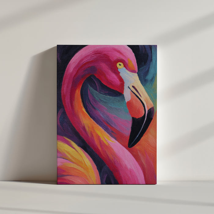 Tableau flamant rose vibrant aux nuances chaudes, style impressionniste pour une déco exotique