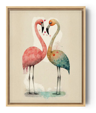 Plan rapproché de l’illustration des flamants, mettant en valeur leur regard amoureux et les petits cœurs qui les entourent. Le fond est clair et texturé, type toile beige.
