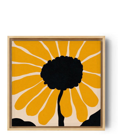 Tableau floral abstrait aux pétales jaunes lumineux sur fond beige, style moderne vibrant