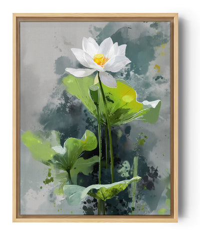 Wandbild einer weißen Lotusblüte auf grün-grauem Aquarellhintergrund, beruhigender naturalistischer Stil