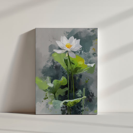 Tableau de fleur de lotus blanche sur fond aquarelle vert et gris, style naturaliste apaisant