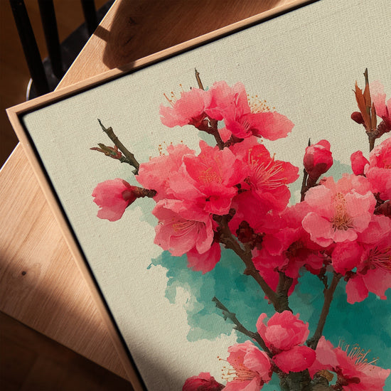Tableau fleurs de pêcher aquarelle pour salle à manger scandinave