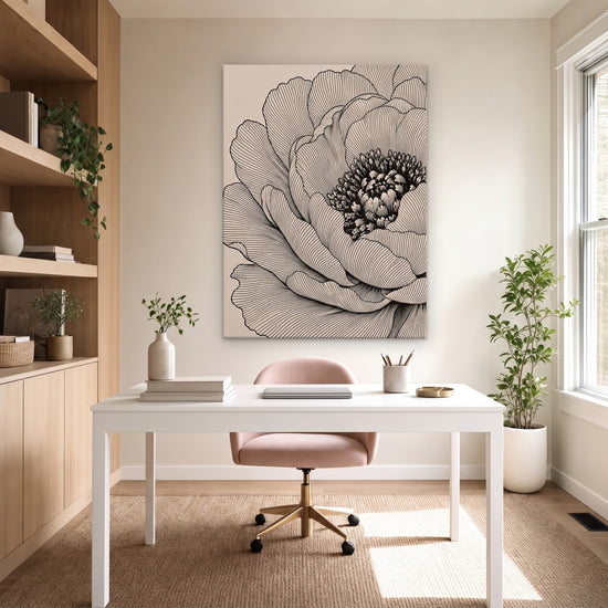 Tableau fleur pivoine dessin au trait noir sur fond beige décoration murale salon élégant