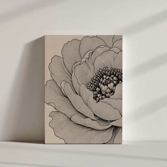 Tableau fleur pivoine dessin au trait noir sur fond beige ambiance minimaliste épurée mur blanc