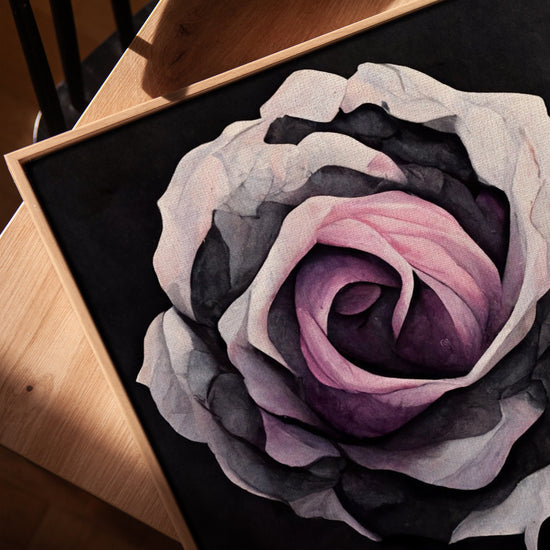 Pink rose wall art on a black background for Scandinavian office decor