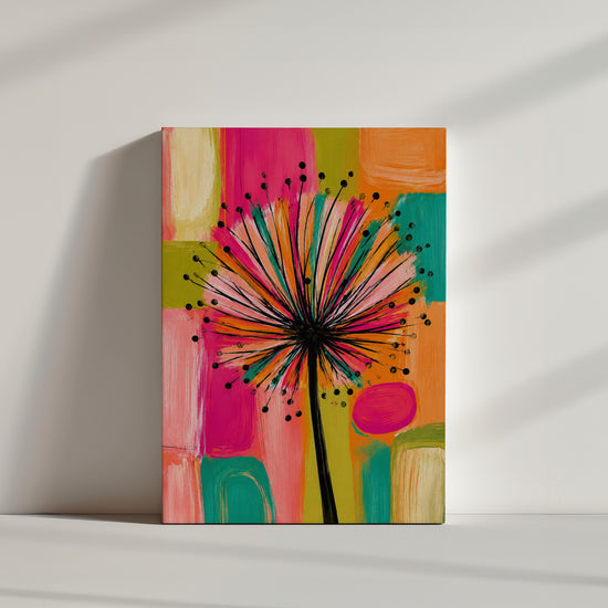Tableau fleurs abstrait pissenlit coloré multicolore sur fond géométrique ambiance minimaliste épurée