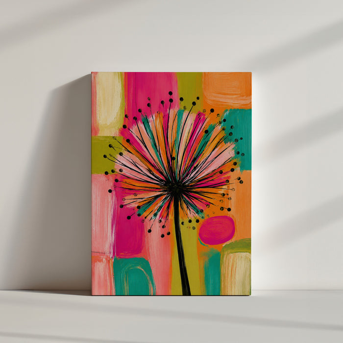 Tableau fleurs abstrait pissenlit coloré multicolore sur fond géométrique ambiance minimaliste épurée