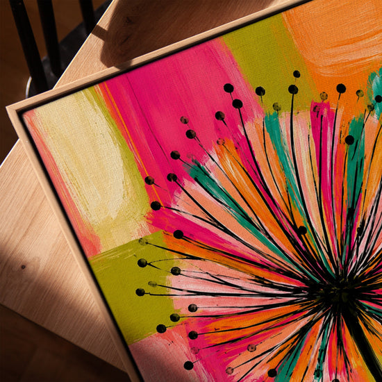 Tableau fleurs abstrait pissenlit multicolore décoration salon moderne toile cadre chêne doré