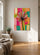 Tableau fleurs abstrait pissenlit multicolore sur fond géométrique vif pour décoration salon moderne