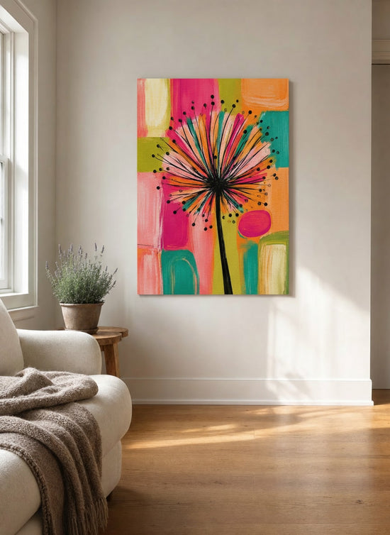 Tableau fleurs abstrait pissenlit multicolore sur fond géométrique vif pour décoration salon moderne