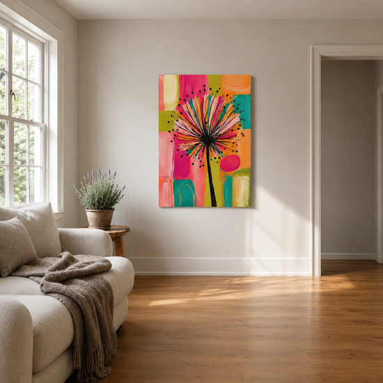 Abstract bloemenschilderij veelkleurige paardenbloem op levendige geometrische achtergrond voor moderne woonkamerdecoratie