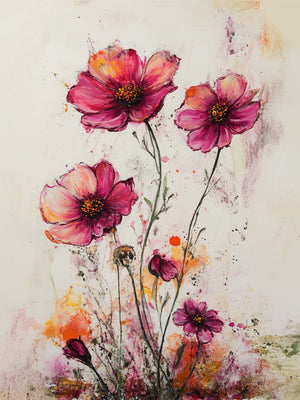 Cette œuvre artistique met en scène des fleurs aux nuances vibrantes de rose, orange et jaune, peintes avec une touche expressive et texturée. Les pétales semblent danser sous l'effet de coups de pinceau dynamiques, offrant un effet visuel riche et lumineux. Le fond clair met en valeur la délicatesse des fleurs, créant une atmosphère douce et chaleureuse.