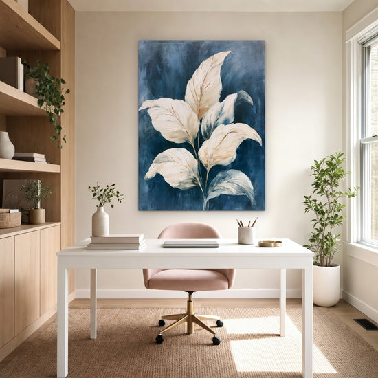 Tableau fleurs blanches ivoire fond bleu pétrole décoration murale salon chambre élégant