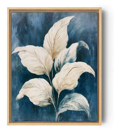 Tableau fleurs blanches ivoire sur fond bleu pétrole texturé style moderne abstrait