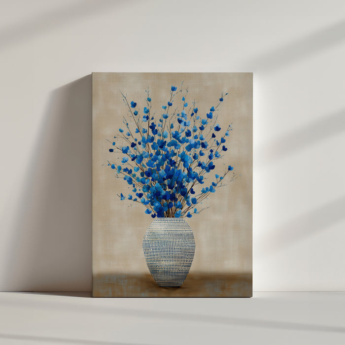 Tableau fleurs bleues dans vase texturé beige pour décoration murale salon minimaliste épuré