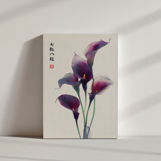 Tableau de fleurs de calla en nuances de pourpre, style asiatique, apportant une touche élégante et sereine