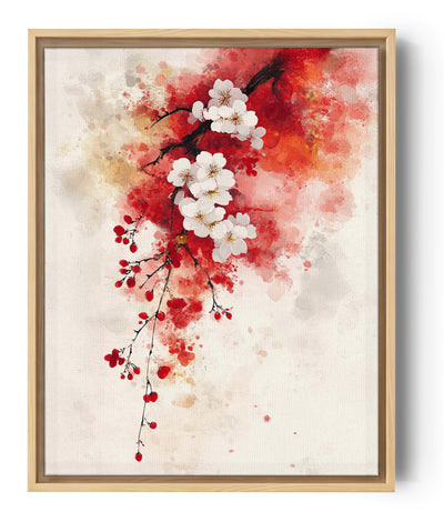 Aquarell-Wandbild mit roten und weißen Kirschblüten, perfekt für eine raffinierte Wanddekoration im Stil der japanischen Kunst.