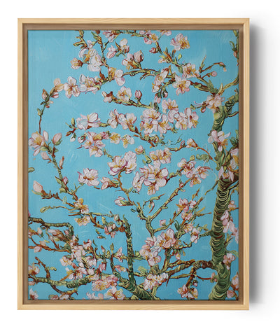Blumenbild mit blühenden Kirschzweigen auf pastellblauem Hintergrund, impressionistischer Stil