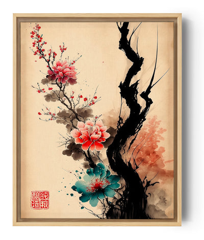 Japanese Calligraphy Art with Cherry Blossoms – Stylized Ink Painting Wall Decor