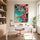 Tableau fleurs de cerisier roses et fuchsia sur fond turquoise pour décoration murale salon zen