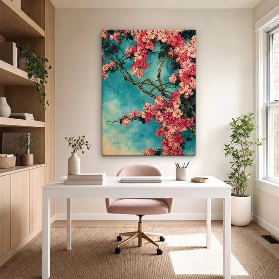 Tableau fleurs de cerisier roses et fuchsia sur fond turquoise pour décoration murale salon zen