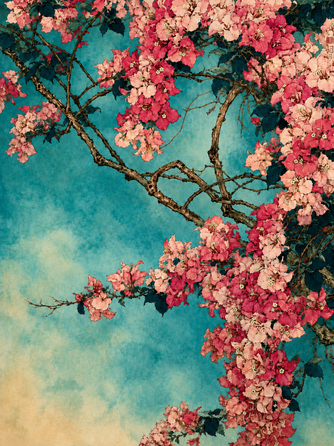 Tableau sur toile Cerisier japonais - Branches fleuries rose et fuchsia sur ciel turquoise
