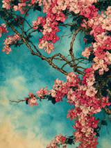 Tableau fleurs de cerisier roses et fuchsia sur fond turquoise style japonisant art décoratif