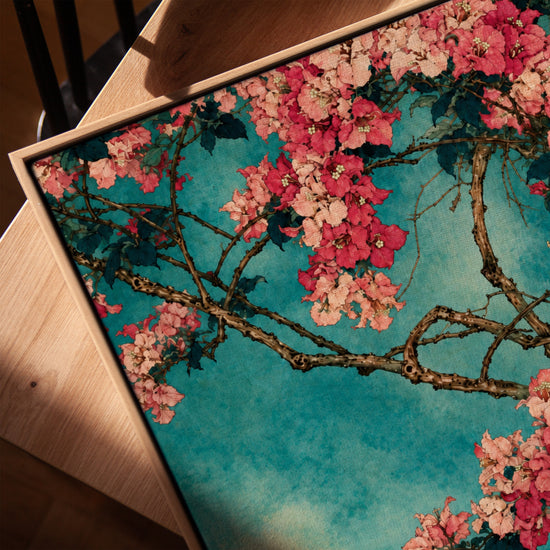 Tableau fleurs cerisier roses fuchsia fond turquoise style japonais déco salon avec cadre chêne doré