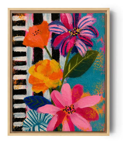 Tableau fleurs colorées style moderne rose orange bleu fond graphique rayures noir et blanc
