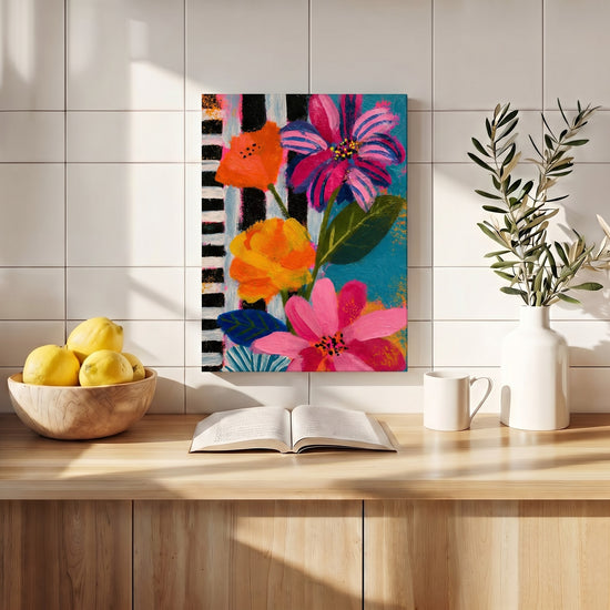 Modernes Leinwandbild Blumen – farbenfrohe Wanddeko fürs Wohnzimmer, Pink Orange Blau, grafischer Stil