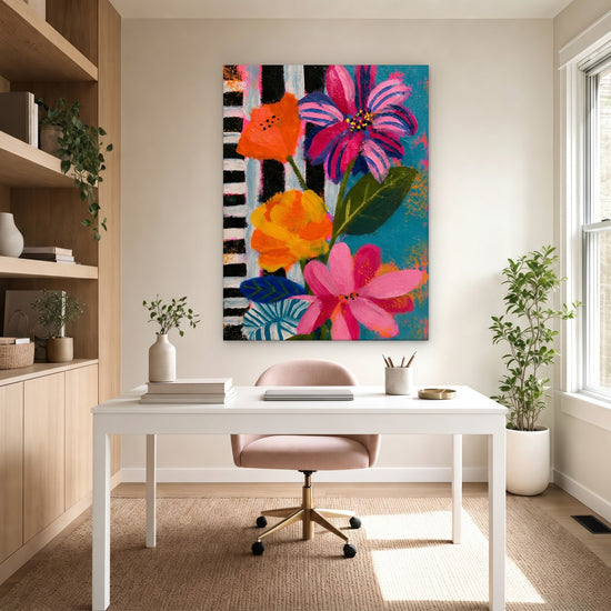 Farbenfrohes Blumenbild für die Wohnzimmerwand, lebendig und modern, Türkis mit Schwarz-Weiß-Streifen