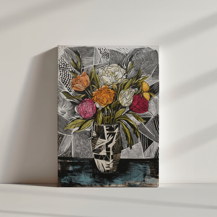 Bouquet de fleurs colorées dans un vase géométrique, fond abstrait en noir et blanc, style graphique