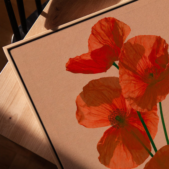 Tableau fleurs coquelicots oranges fond beige avec cadre chêne doré posé sur table salon moderne