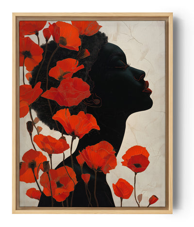 Blumen-Wandbild rote Mohnblumen und schwarze weibliche Silhouette auf beigem Hintergrund moderne elegante Kunst