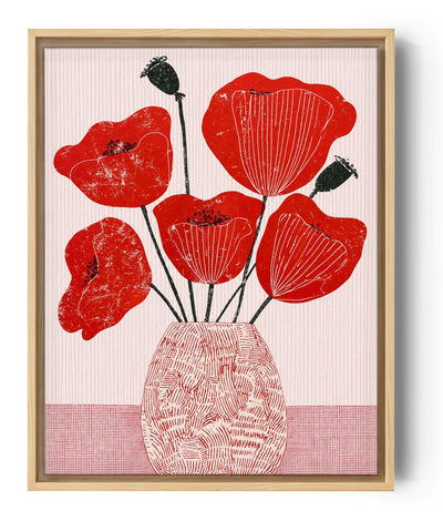 Stylized red poppy flowers in hand-drawn vase, pink striped background canvas