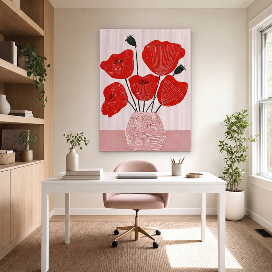 Tableau fleurs coquelicots rouges graphiques vase stylisé décoration murale moderne salon