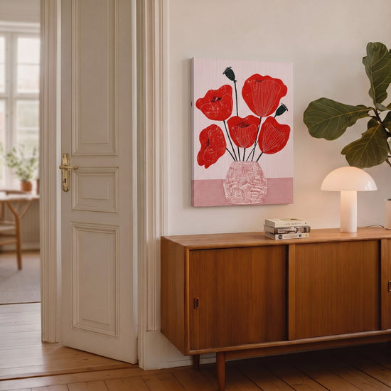 Tableau fleurs coquelicots rouges graphiques vase fond rose décoration murale moderne salon