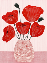 Tableau fleurs coquelicots rouges graphiques dans vase stylisé fond rose rayé art moderne