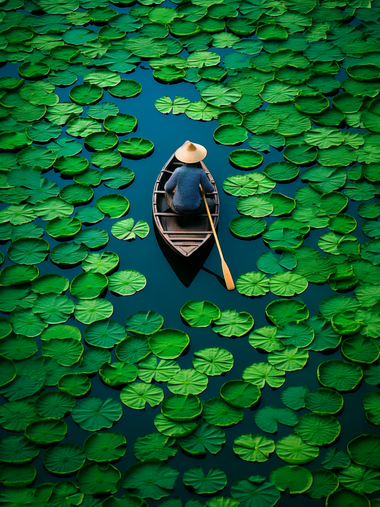 Photographie d'une vue plongeante sur un individu naviguant parmi les nénuphars verts, se détachant sur l'eau sombre pour un effet de sérénité et de solitude, parfait pour inspirer le calme.
