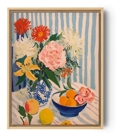 Colorful floral painting with a blue porcelain vase and fruit—bright spring decor