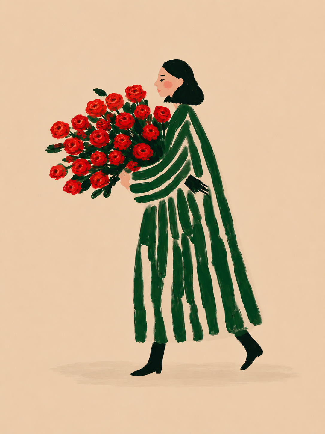 Cuadro en lienzo mujer con ramo de rosas rojas - Elegancia urbana y rayas verdes