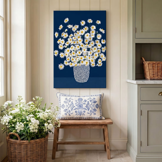 Tableau fleurs marguerites blanches vase pointilliste fond bleu nuit décoration murale salon contemporain
