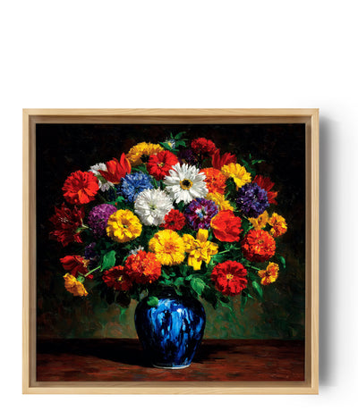 Cuadro flores multicolores en jarrón azul, ramo radiante de zinnias y margaritas sobre fondo oscuro