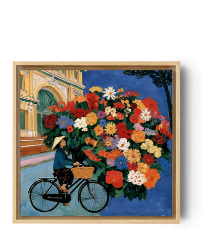 Bild bunte Blumen auf Fahrrad, leuchtender Strauß rot orange gelb blau, naiv-poetischer Stil