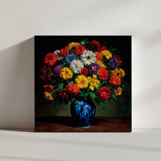 Tableau fleurs multicolores vase bleu cobalt zinnias marguerites décoration murale salon moderne