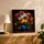 Tableau fleurs multicolores vase bleu pour décoration murale salon moderne buffet chêne