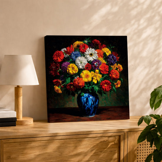 Tableau fleurs multicolores vase bleu pour décoration murale salon moderne buffet chêne